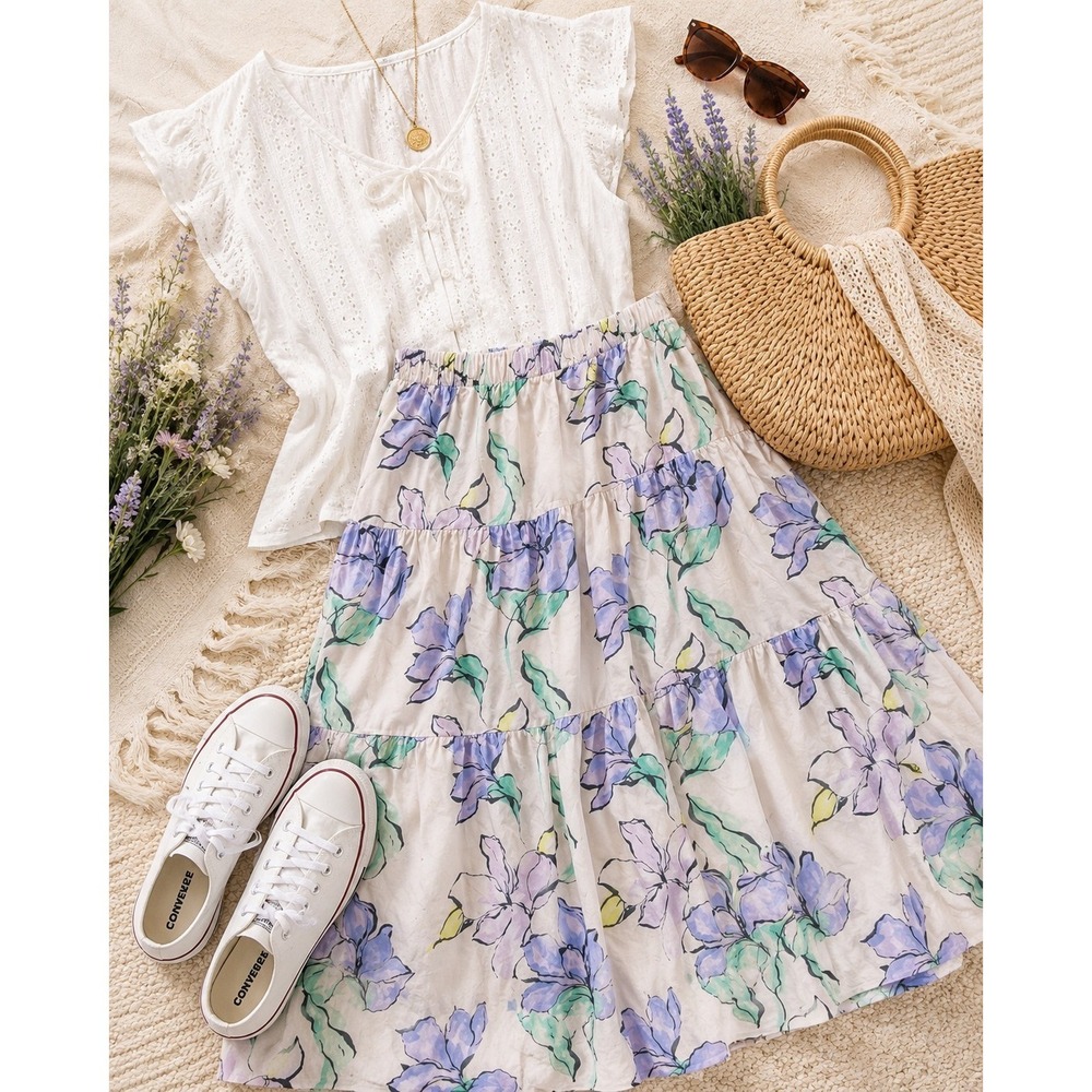 NWT Plus Size 1X Floral Tiered Midi Skirt Boho Cottagecore Elastic Waist